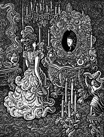 Even Deadlier Sins: Greed (woman in busy room, looking in mirror) 