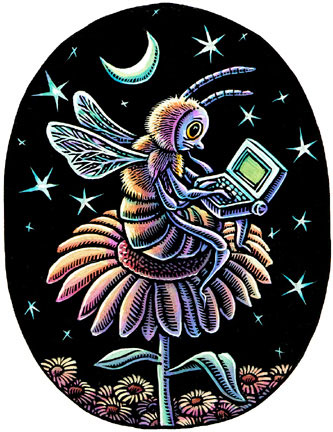 Atypical Workdays Becoming Routine (The Wall Street Journal) This article for the Wall Street Journal was about how the internet (and globalization) have enabled workers to labor around the clock. I think this was an overnight job, so I probably did these sketches within an hour or two of the call. I decided to put the busy bee in a lozenge shape, to break up the normally "boxy" page...  Here's a little snippet of the text:  "There has always been demand for "off-hours" work -- the Romans scheduled delivery carts' arrivals at night to avoid congested streets. But the call for off-hours workers is increasing, according to Harriet Presser, a sociology professor at the University of Maryland and author of "Working in a 24/7 Economy"