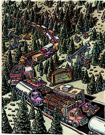 "While the media has portrayed EPA Administrator Christine Todd Whitman as Bush's token environmentalist, Secretary of the Interior Gale Norton has been his real point-woman in promoting "common-sense solutions to environmental policy"--the Republican rhetoric that functions as a pretext for pillage."   I drew this cover while on a trip to Colorado, so I was pretty inspired by what I saw.