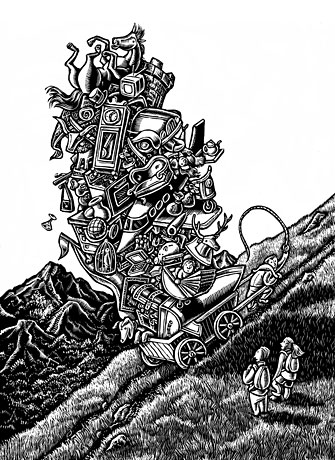 7 Sins: Greed (man toiling to pull cart of possessions up hill)