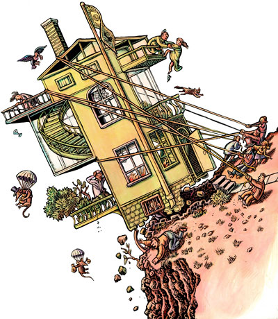"Some expect mortgage problems to get worse, but could all this have been headed off by less greed?"  For this Fourth Quarter business section, they originally proposed an out-of-control raft (which would have made a good companion to the 3Q cover). But there was something about a dollar shaped house that piqued their interest. Both of these illustrations ran over half the section cover, which is a lot of real estate for art.