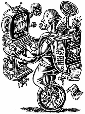 "TV-Pcs, Web-Access Phones and other amalgams show that the whole can be less than the sum of its parts." I must say, I love gizmo drawings, so I went to town on this one. I especially like the coffee-making feature...