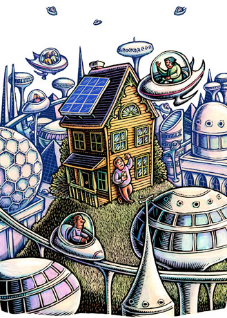 I think I did three or four illustrations on this subject this year: how to 'green' your house so it's not some old dinosaur, some white elephant of a thing eating oil and electric. I didn't figure they'd go for the futuristic landscape, but they did, and it's more of a positive spin than the other ideas.