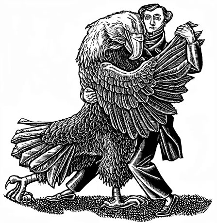 The Common Review ran a large section of Joseph Epstein's "French Ambition and the Making of Democracy". I'd never read de Tocqueville, so I enjoyed this one.  In the illustration, I wanted to convey the ambiguity he felt about the United States, (and democracy), even as his host nation embraced him.  The dissected eagle was the cover, but I prefer this simple illustration, which ran in the interior in black and white.